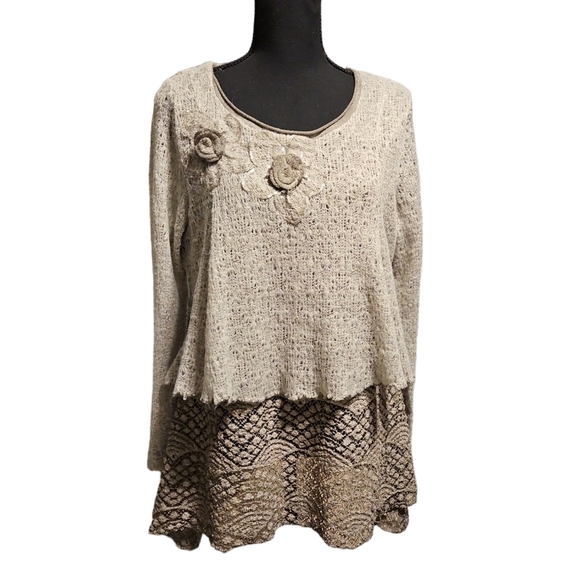 Radzoli Grey Layered Sweater w/Lace, Floral Accenting 95% Acrylic 5%Polyester S - Picture 1 of 9